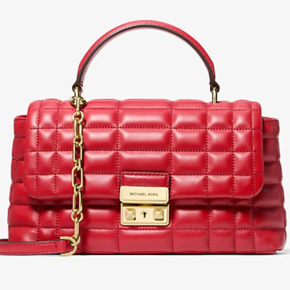 NWT ✅ Michael Kors TRIBECA Medium Quilted Top Handle Leather Satchel CRIMSON✨NWT